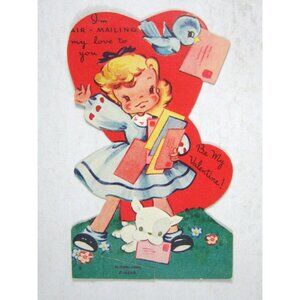 Valentines Card Day 1949 Valentine USA Girl Airmail Mail Puppy Dog Die Cut
